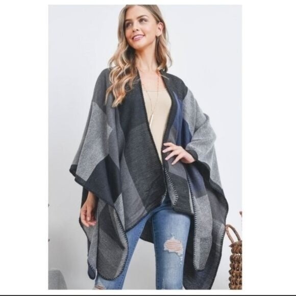 Plaid Open Front Poncho Wrap Cardigan For Women Black/Grey/Blue Colorblock Soft - Picture 2 of 6